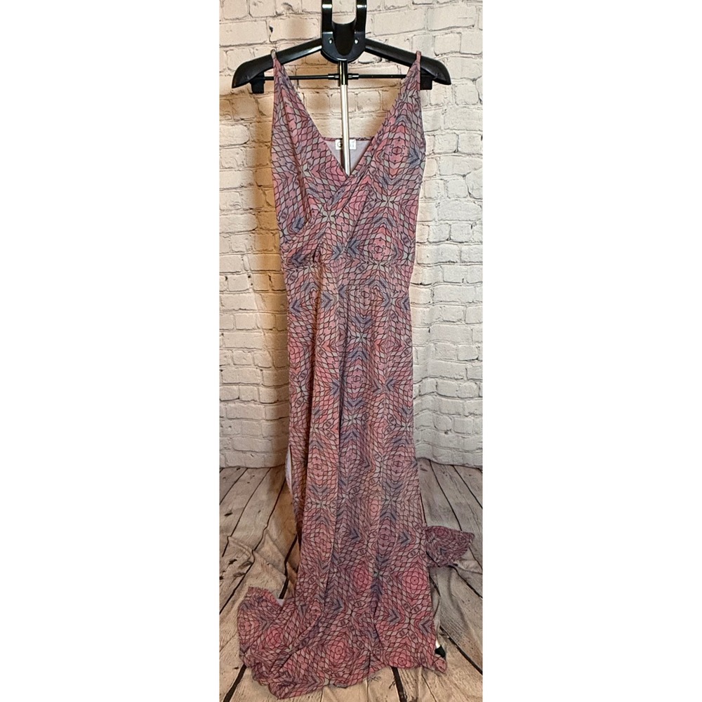 Cerulean Blu Womens XL Pink Blue Geometric Mosaic Print V-Neck‎ Maxi Dress Slit